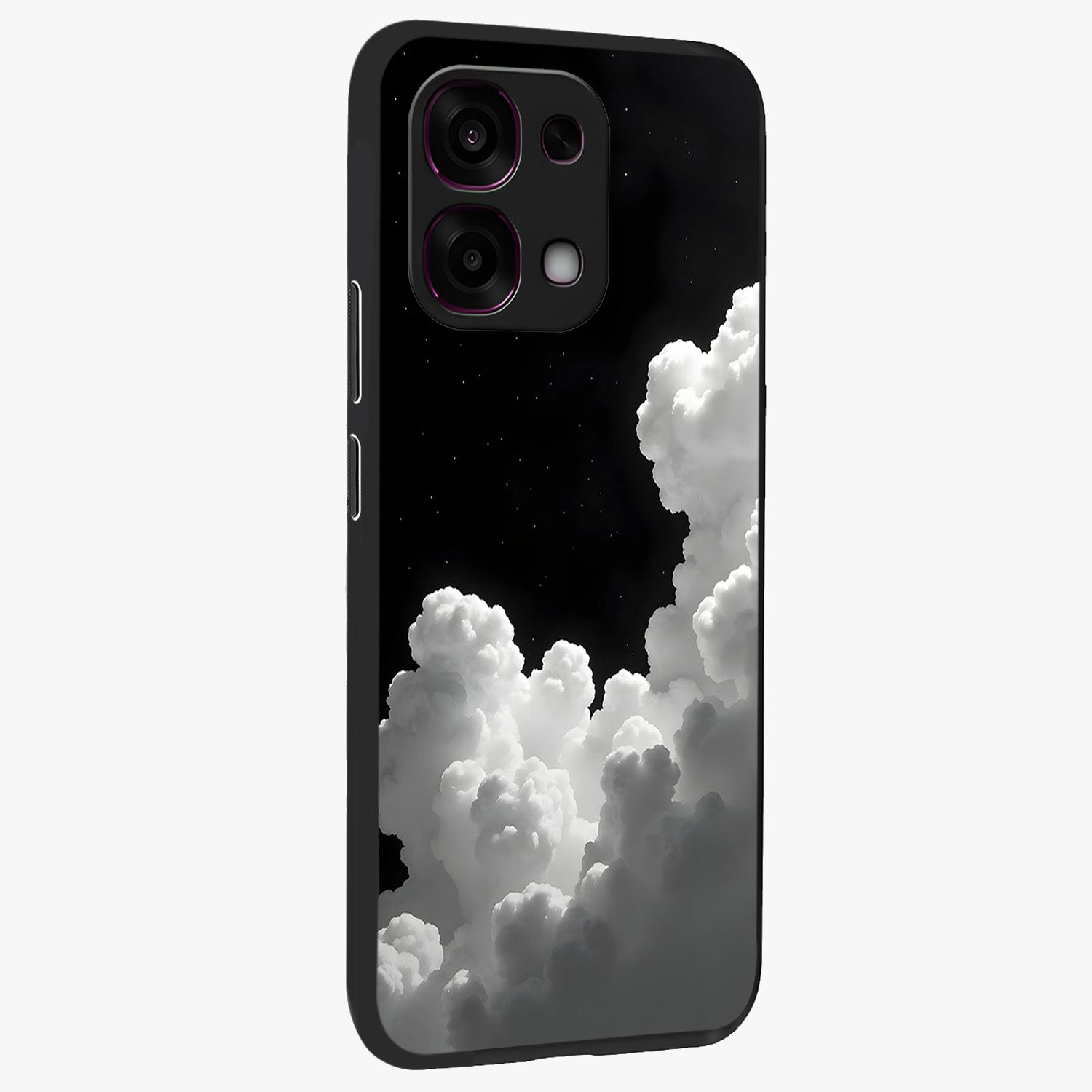 Black Background With White Cloud Glass Case upright view showcasing calm cloud aesthetic with modern minimal style.
