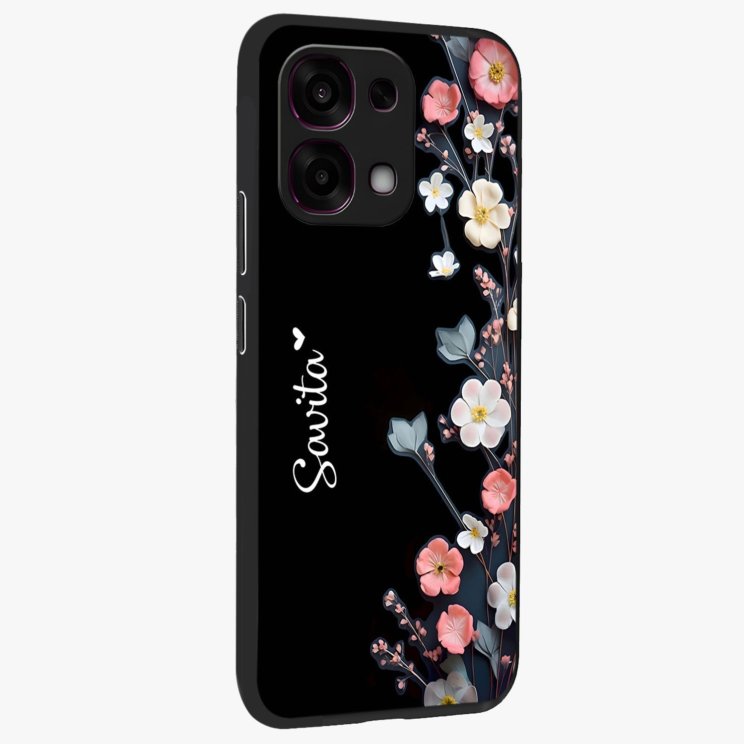 Black Elegance Floral Custom Name Glass Case upright view showcasing luxurious black floral design with personalized name detail.