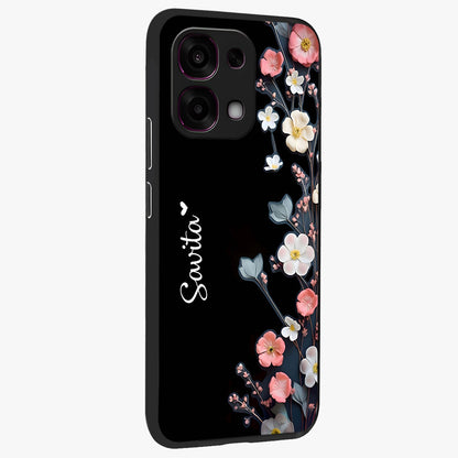 Black Elegance Floral Custom Name Glass Case upright view showcasing luxurious black floral design with personalized name detail.