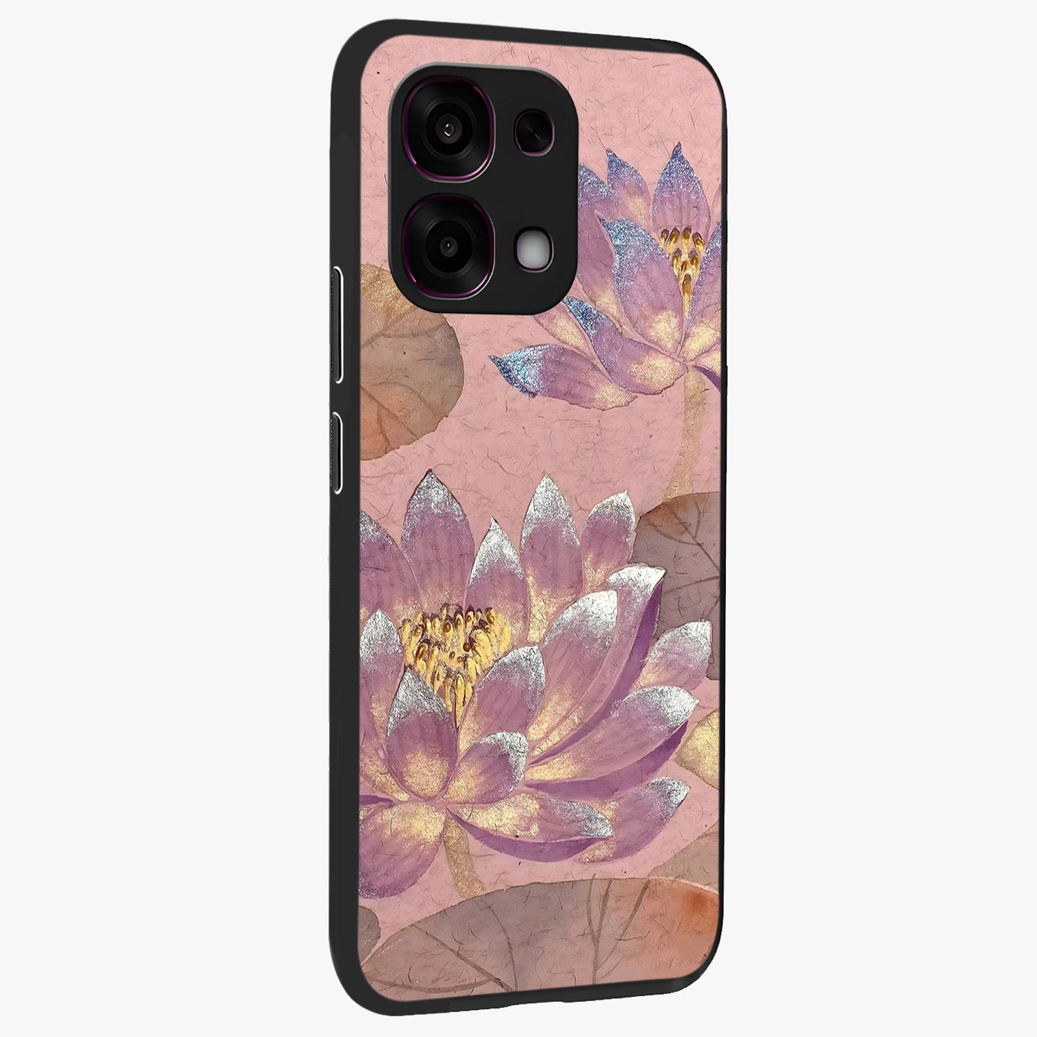 Blossom Mist Lotus Glass Case upright view showcasing graceful lotus flower design with peaceful botanical style.