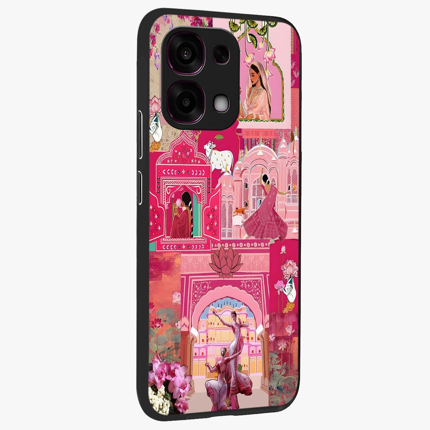 Blossoms of Rajasthan Glass Case upright view showcasing colorful floral design inspired by traditional Indian art.