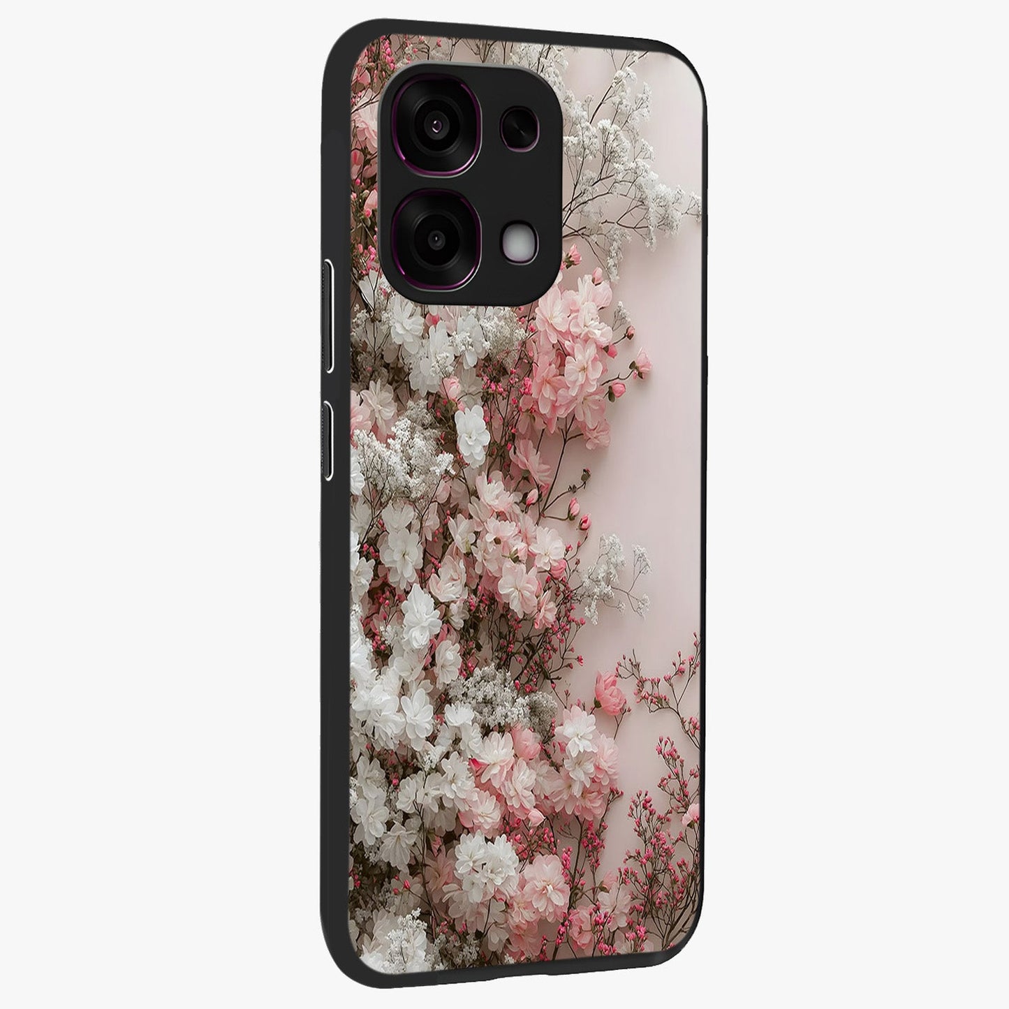 Blush Blossom Cloud Glass Case upright view showcasing calm floral cloud artwork with gentle dreamy theme.