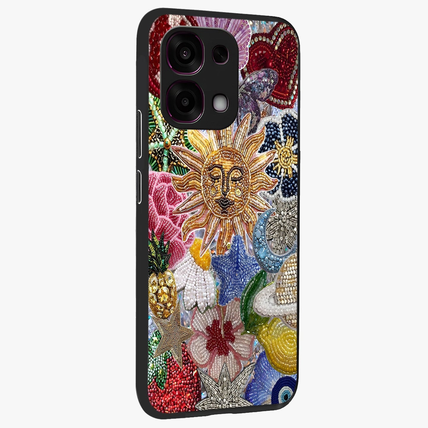 Celestial Floral and Playful Glass Case upright view showcasing whimsical floral artwork with cosmic aesthetic theme.