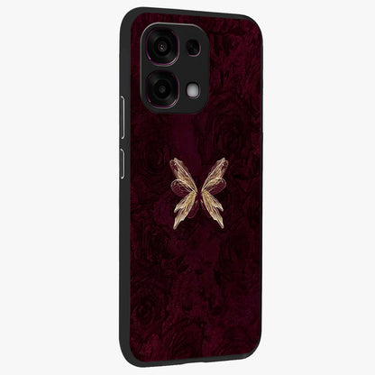 Crimson Fade Butterfly Glass Case upright view showcasing graceful butterfly artwork with soft crimson fade effect.