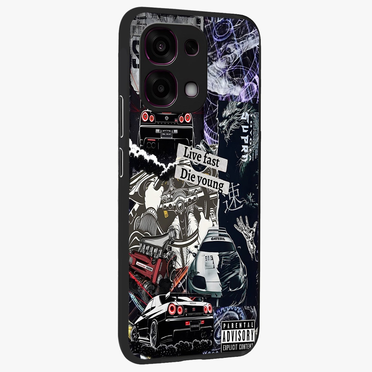 Die Young Glass Case upright view showcasing striking typography artwork with modern statement theme.