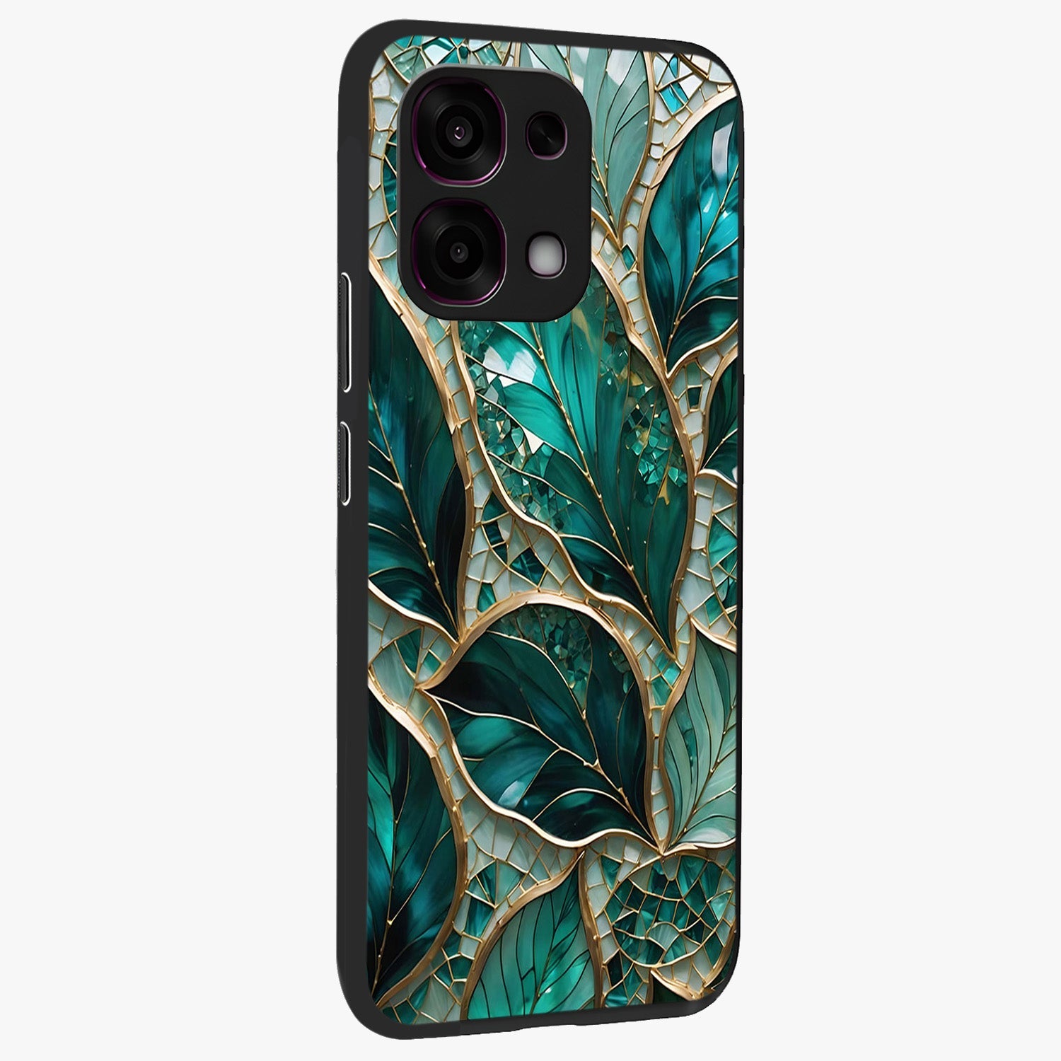 Emerald Leaf Glass Glass Case upright view showcasing fresh green leaf artwork with calming nature inspired style.
