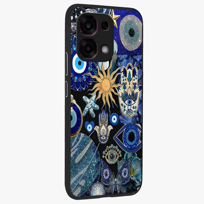 Evil Eye Charm Mix Glass Case upright view showcasing mystical evil eye pattern with vibrant decorative style.