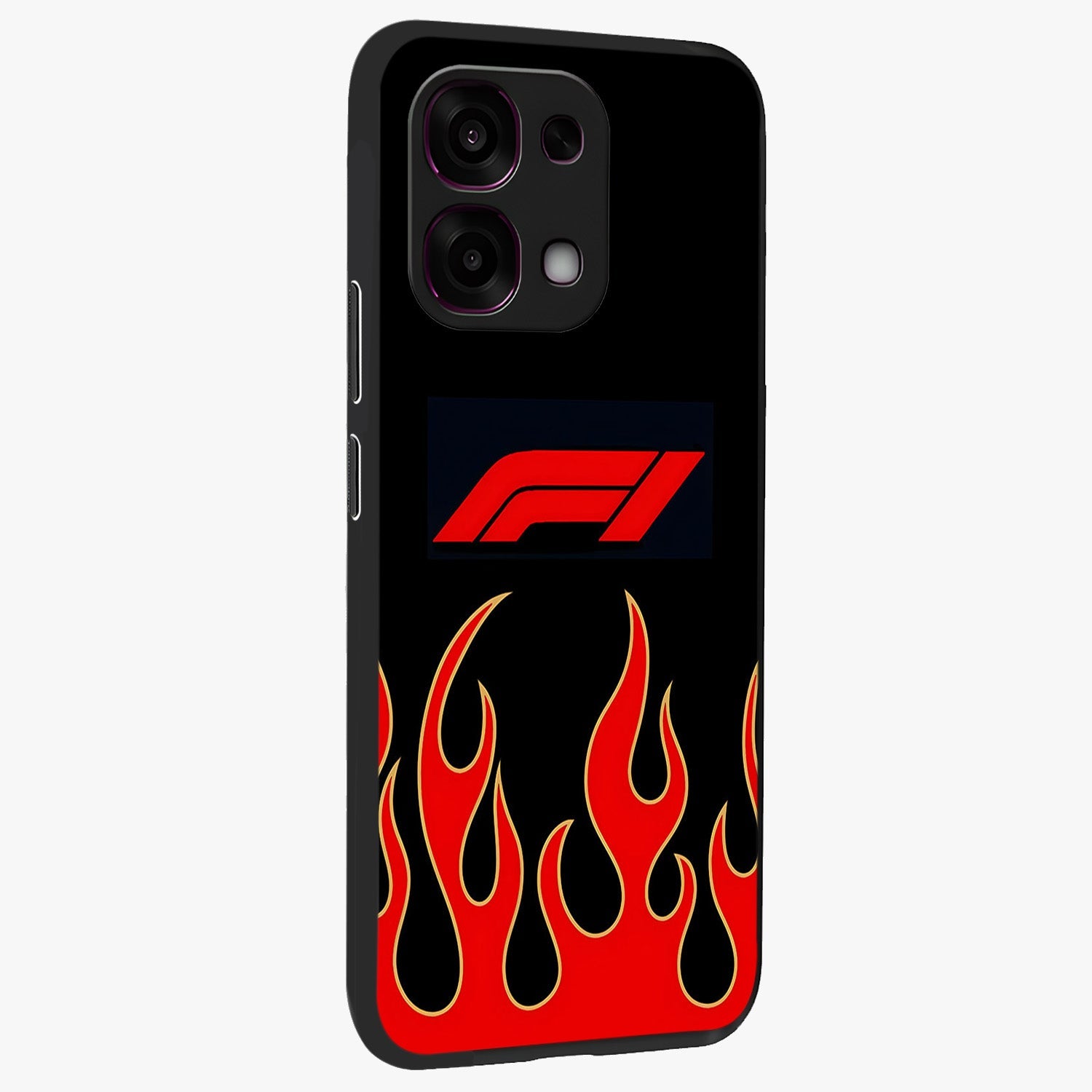 Fire F11 Glass Case upright view showcasing dynamic flame artwork with intense visual theme.