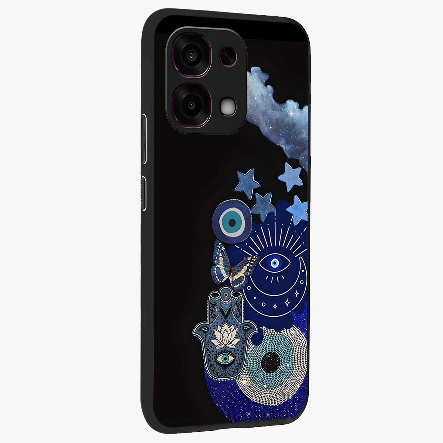 Galactic Charm Cluster Glass Case upright view showcasing glowing cosmic charm artwork with magical celestial style.
