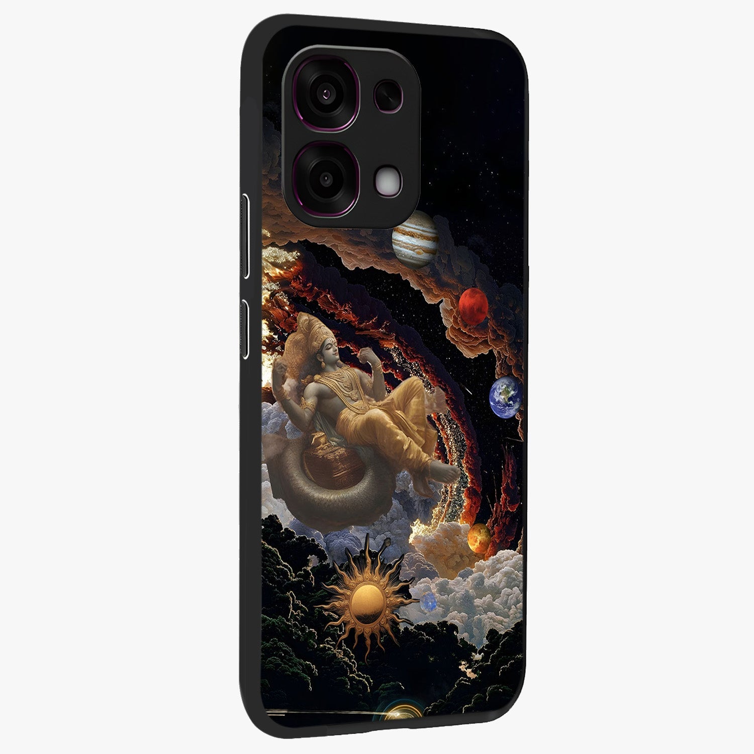 Galactic Divine God Glass Case upright view showcasing mystical divine artwork with dramatic cosmic theme.
