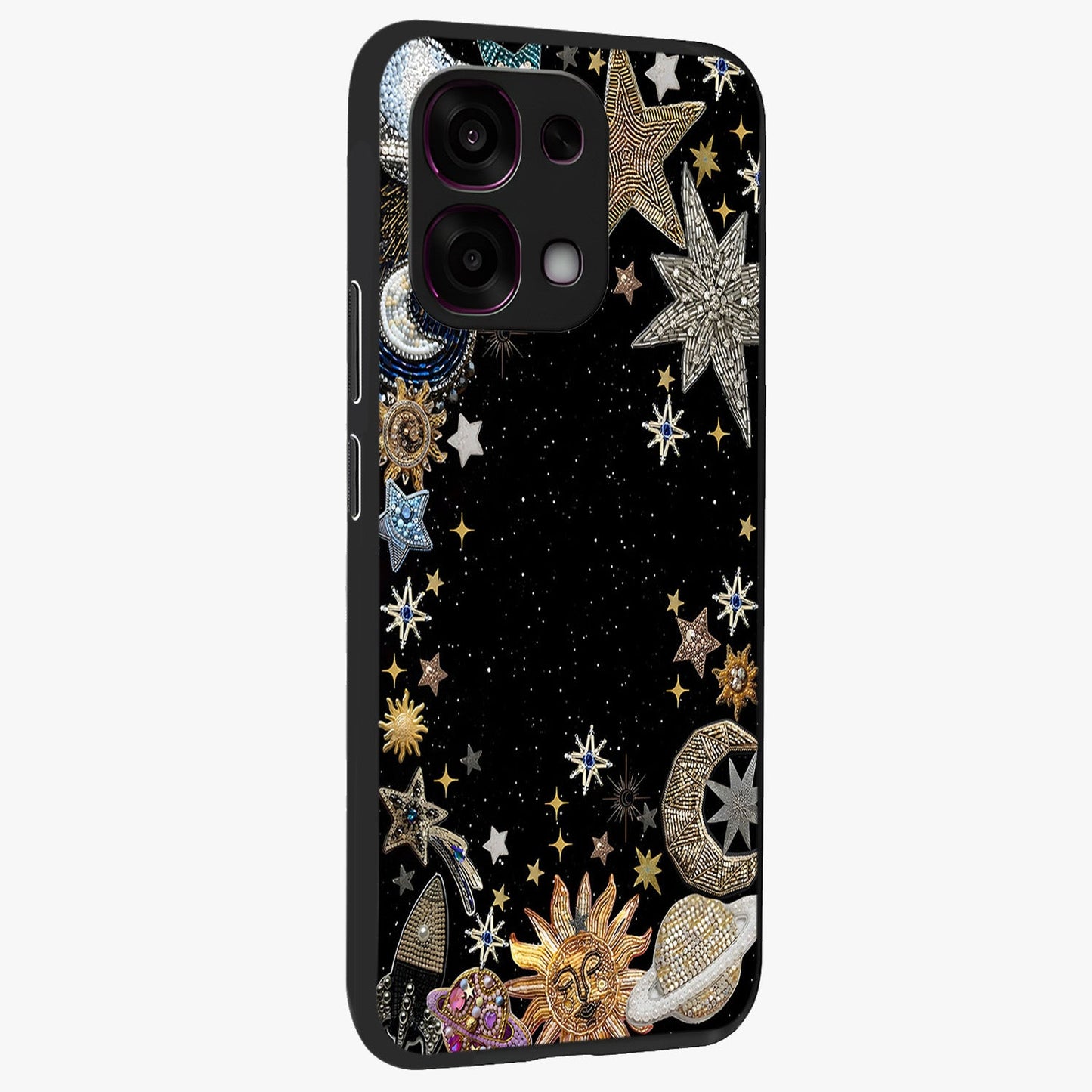 Galactic Jewel Stars Glass Case upright view showcasing glittering star jewel artwork with vibrant galaxy theme.