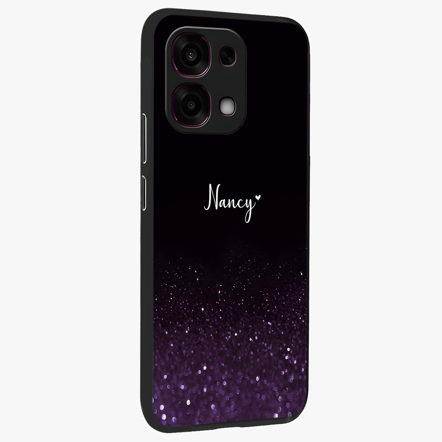 Glittery Purple Bokeh Custom Name Glass Case upright view showcasing vibrant purple sparkle artwork with personalized aesthetic style.