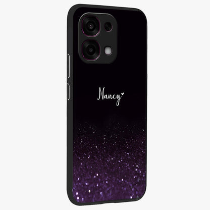 Glittery Purple Bokeh Custom Name Glass Case upright view showcasing vibrant purple sparkle artwork with personalized aesthetic style.