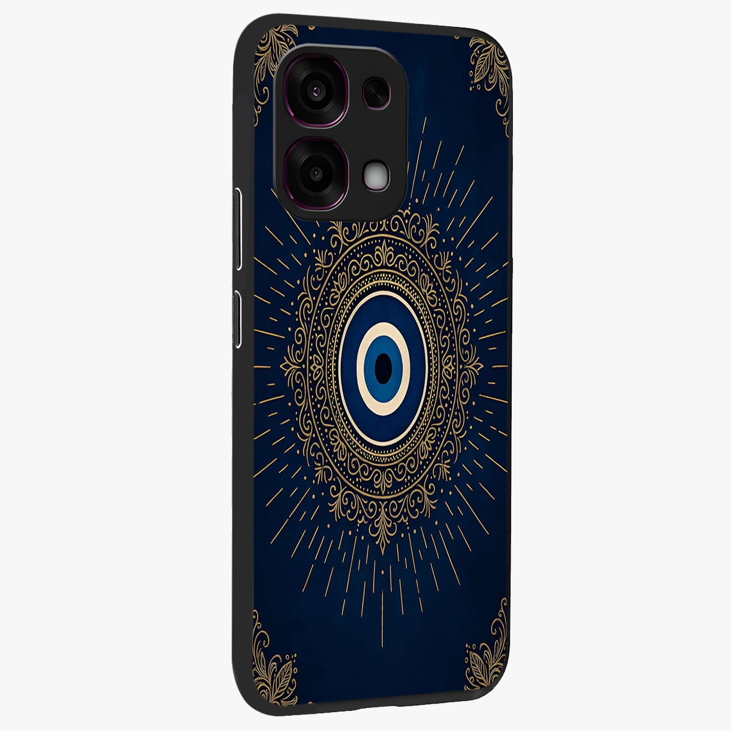 Golden Celestial Charm Glass Case upright view showcasing radiant celestial artwork with elegant golden theme.