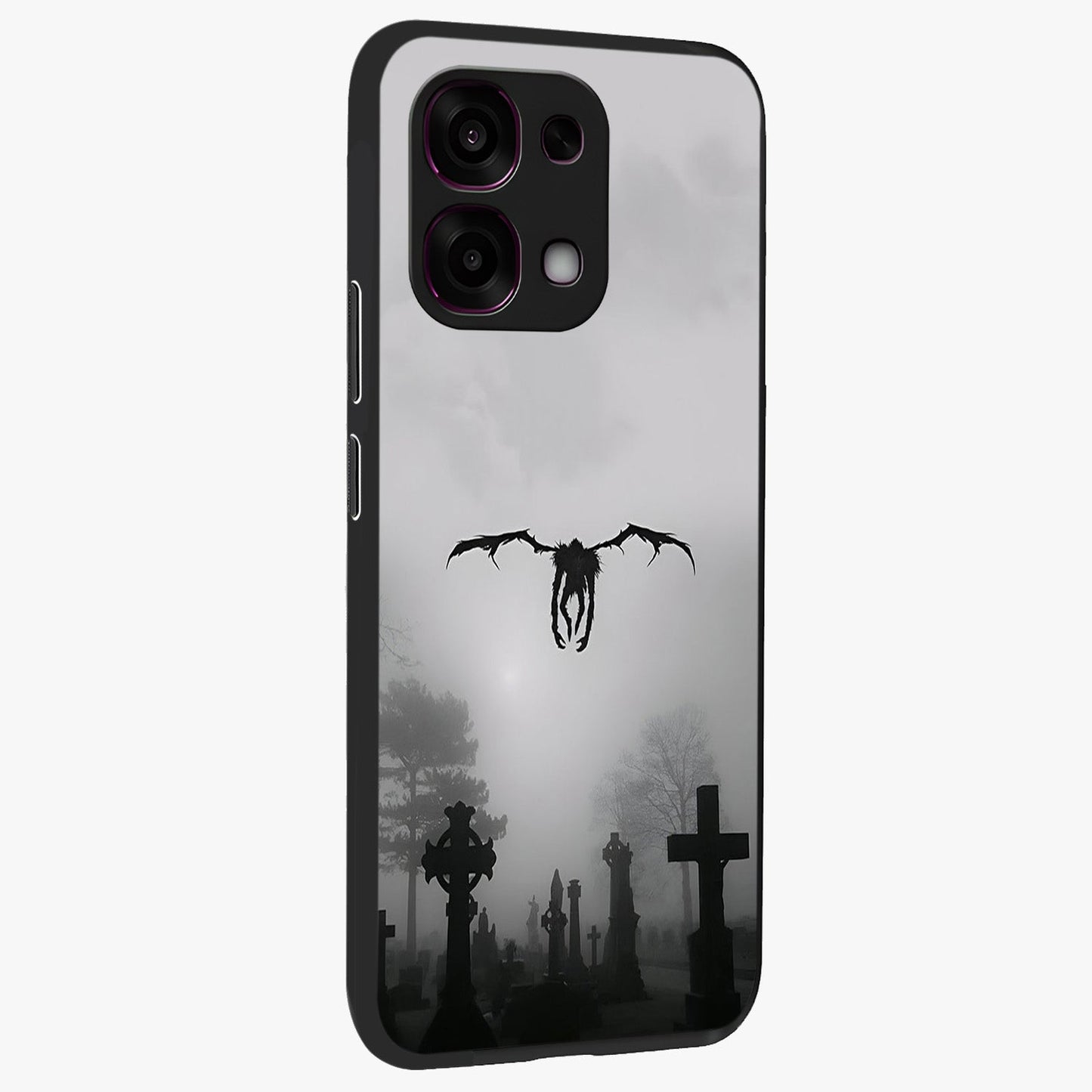 Graveyard Shadow Descent Glass Case upright view showcasing haunting graveyard artwork with dramatic dark theme.