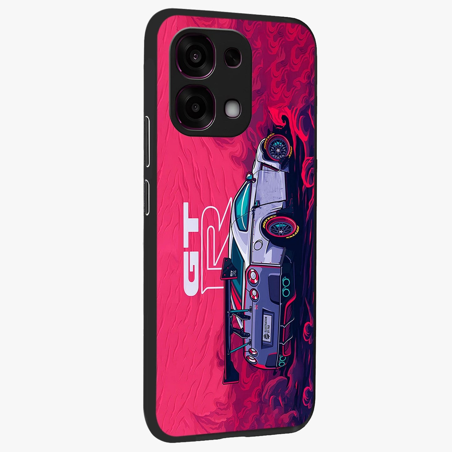 GT-R Car Pattern Glass Case upright view showcasing dynamic car pattern artwork with modern sports theme.
