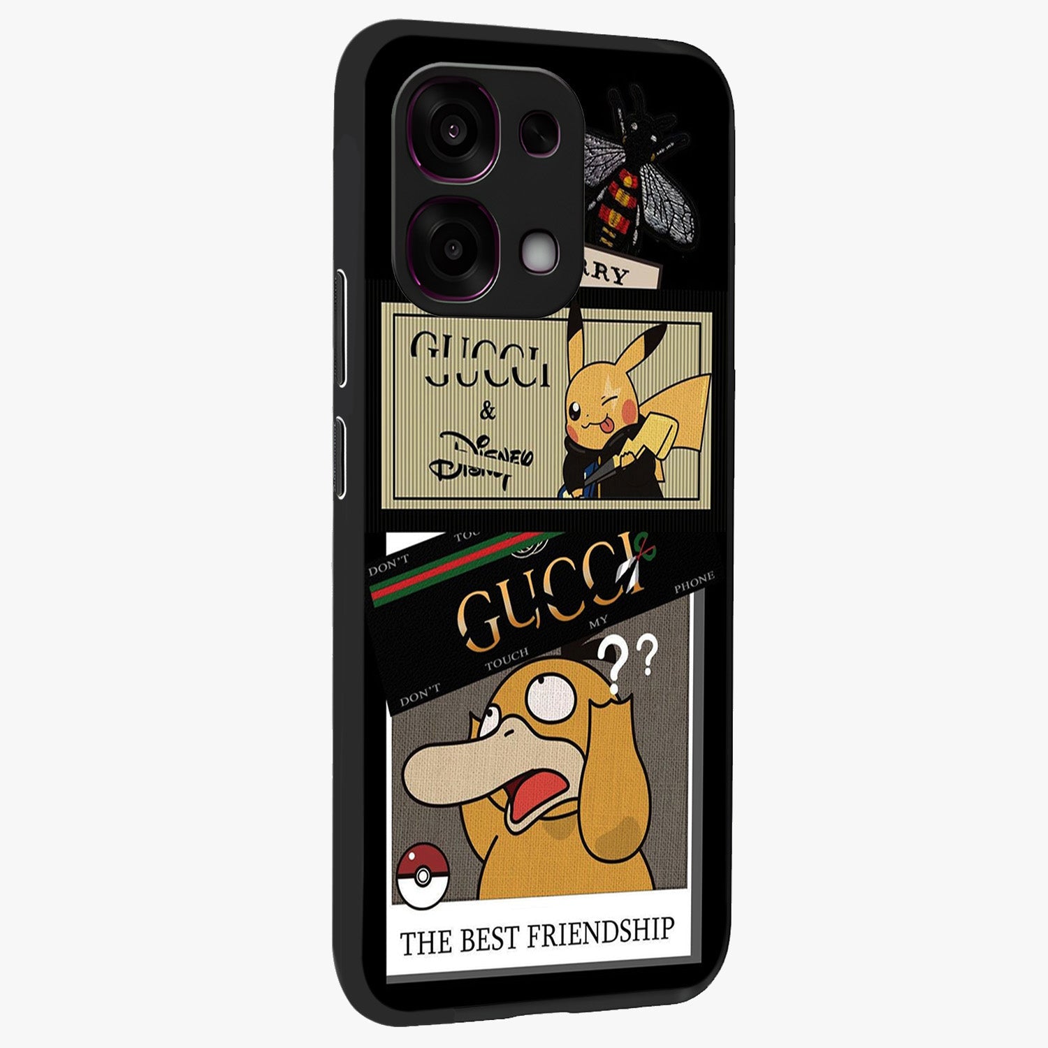 Gucci Play Mashup Glass Case upright view showcasing trendy luxury inspired artwork with modern fashion theme.