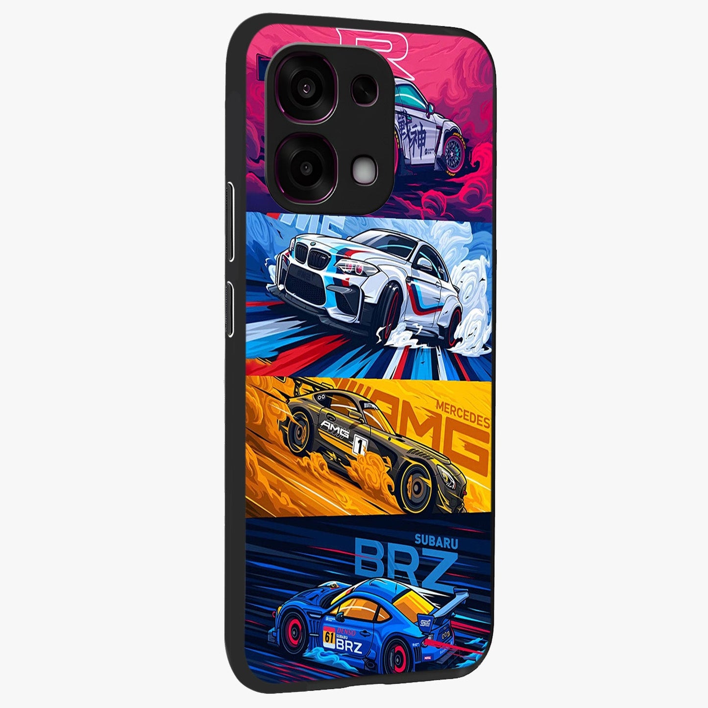 JDM Sports Car Glass Case upright view showcasing dynamic sports car artwork with bold racing theme.