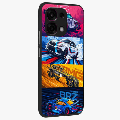 JDM Sports Car Glass Case upright view showcasing dynamic sports car artwork with bold racing theme.