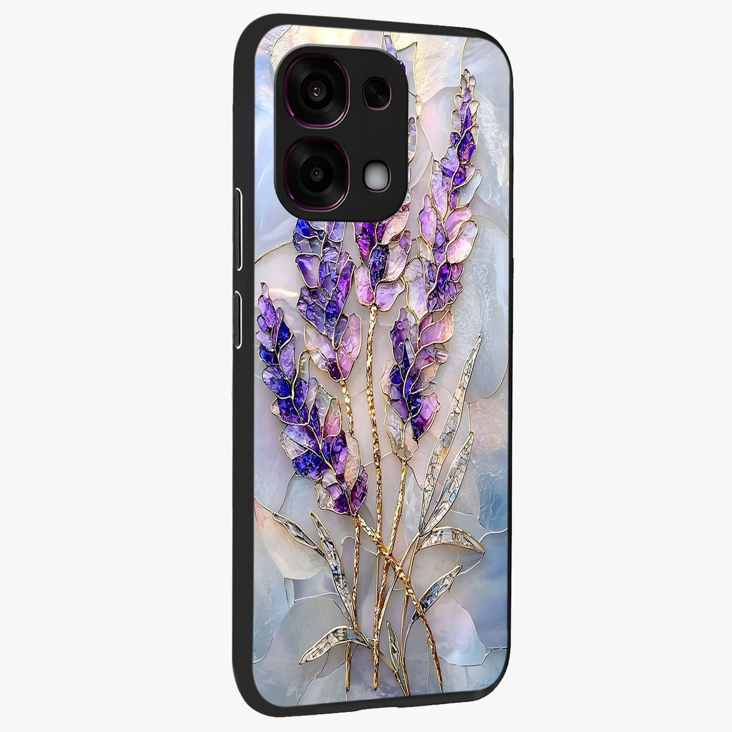 Lavender Dream Glow Glass Case upright view showcasing radiant lavender glow artwork with calming dreamy theme.