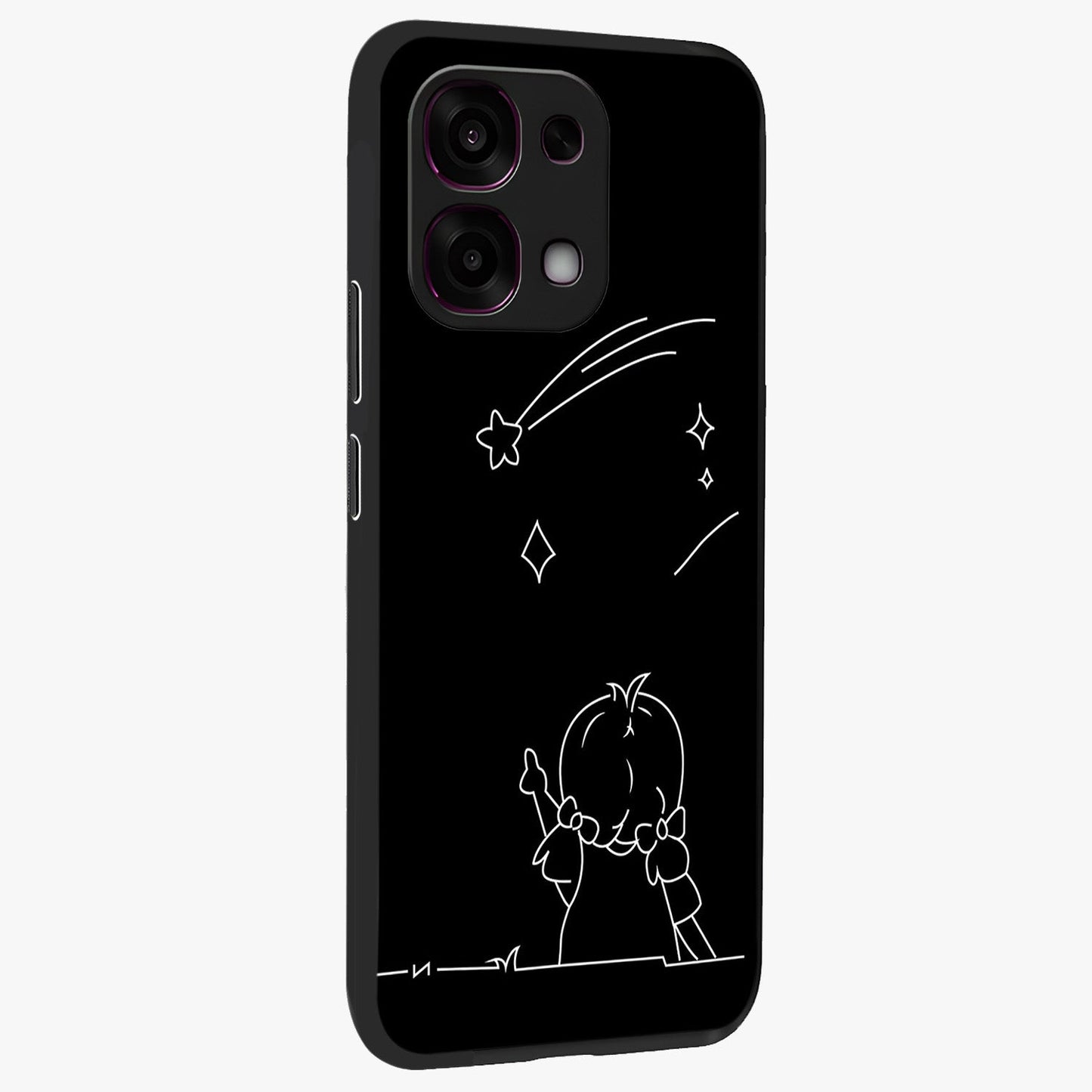 Line Art Girl With Shooting Stars Glass Case upright view showcasing delicate shooting stars artwork with minimal artistic theme.
