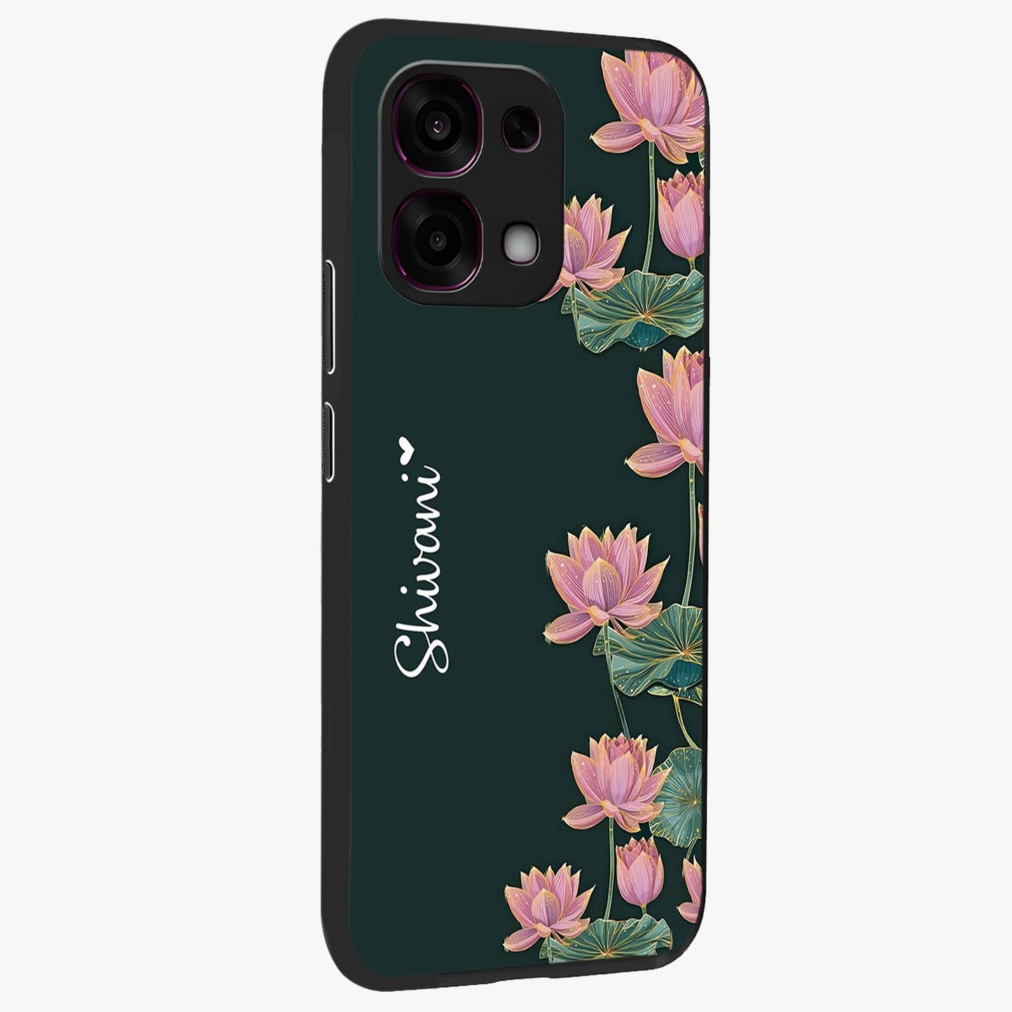 Lotus Bloom Serenity Custom Name Glass Case upright view showcasing serene lotus bloom artwork with personalized floral aesthetic.