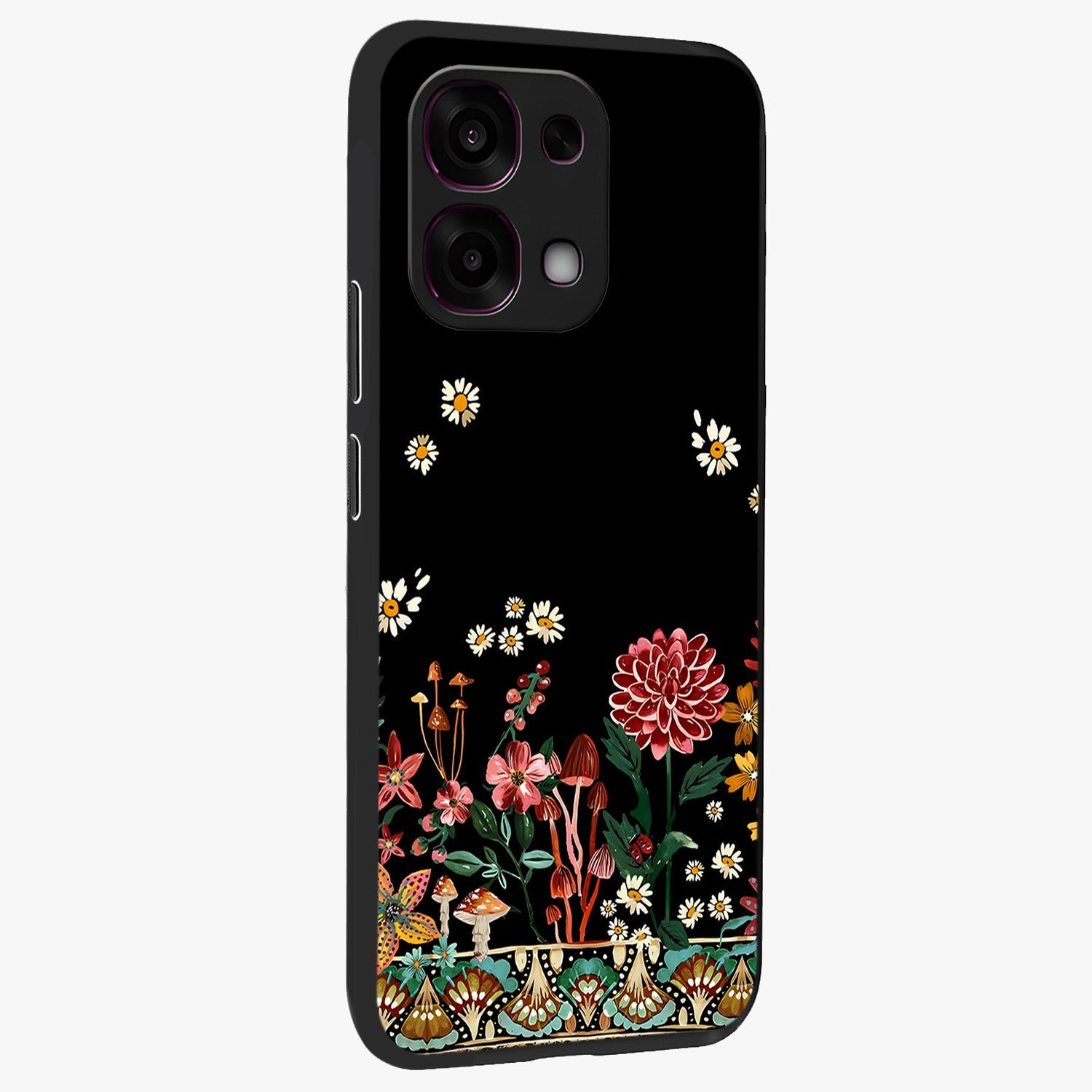 Midnight Bloom Pattern Glass Case upright view showcasing decorative floral artwork with deep night themed palette.