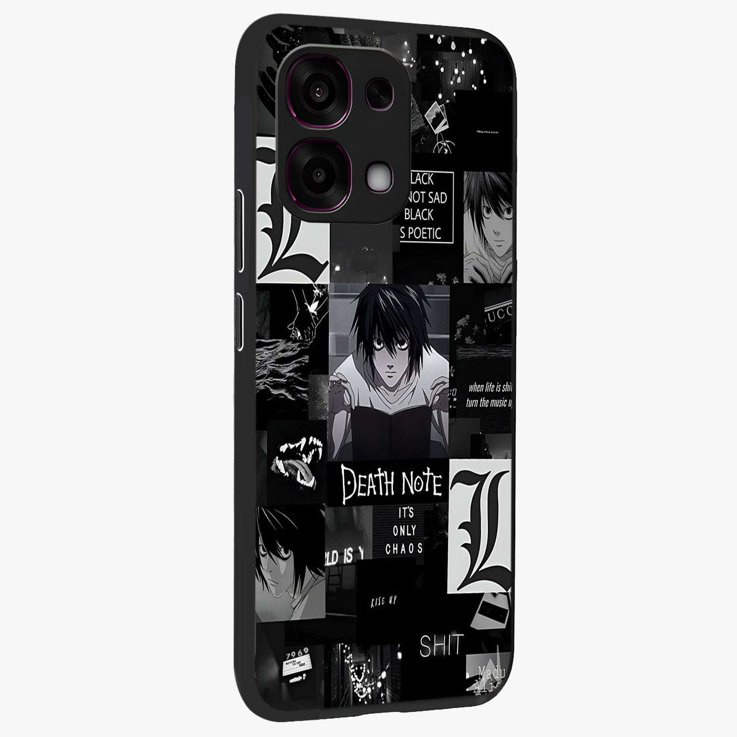 Midnight Chaos Mind Glass Case upright view showcasing expressive abstract artwork with bold dark theme.