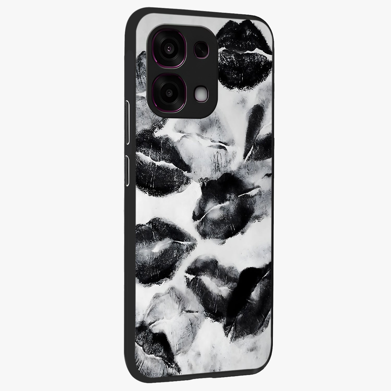 Midnight Kiss Marks Glass Case upright view showcasing stylish kiss mark artwork with trendy romantic theme.