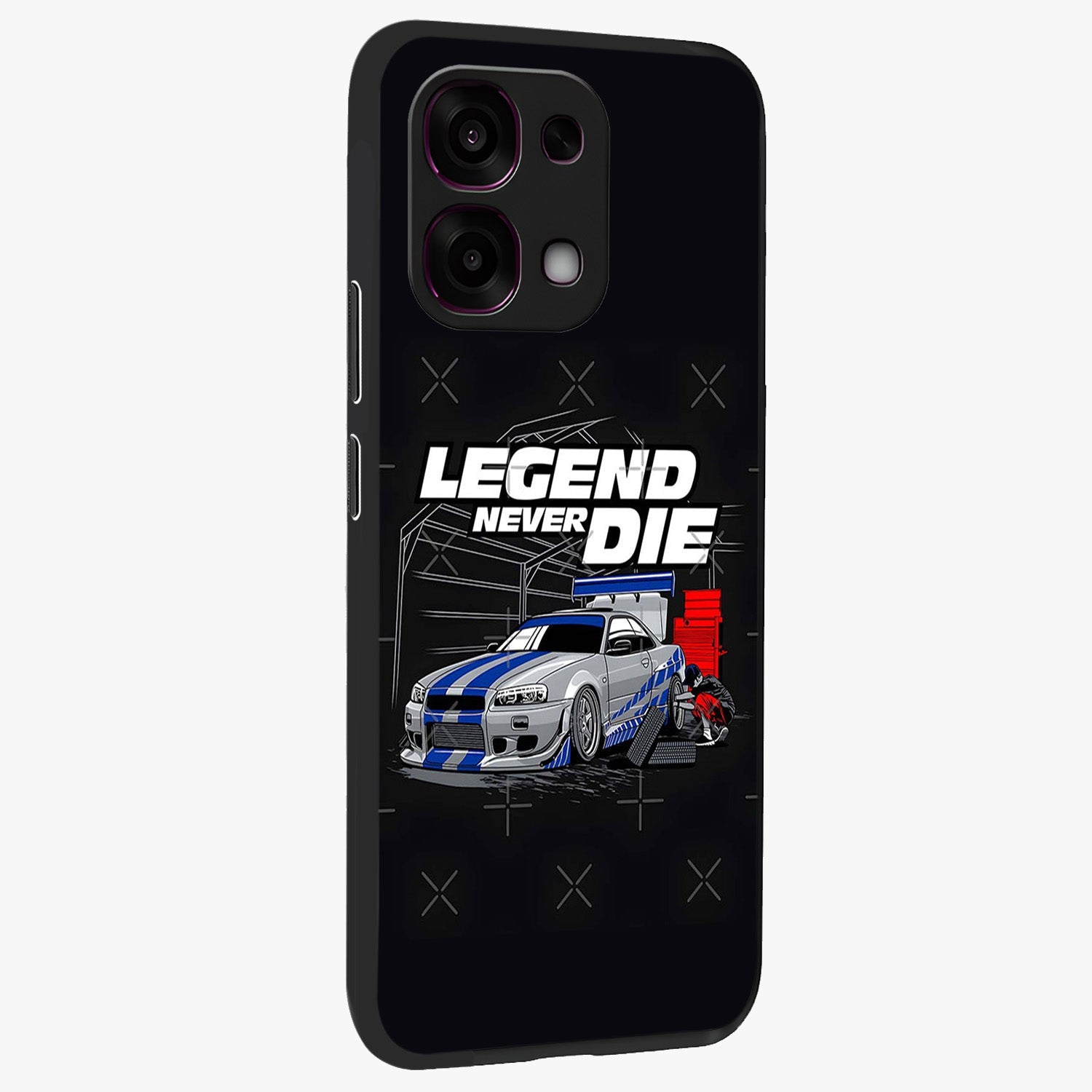 Midnight Racing Legacy Glass Case upright view showcasing powerful racing artwork with modern sports theme.