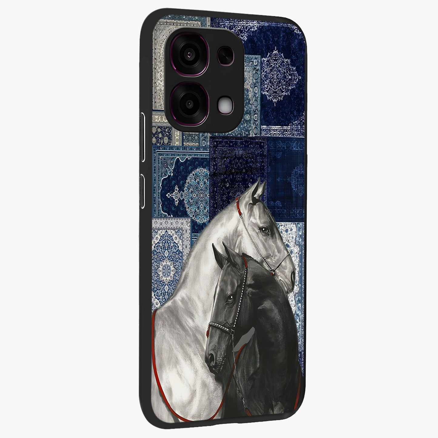 Midnight Stallion Blues Glass Case upright view showcasing dramatic horse artwork with bold artistic theme.
