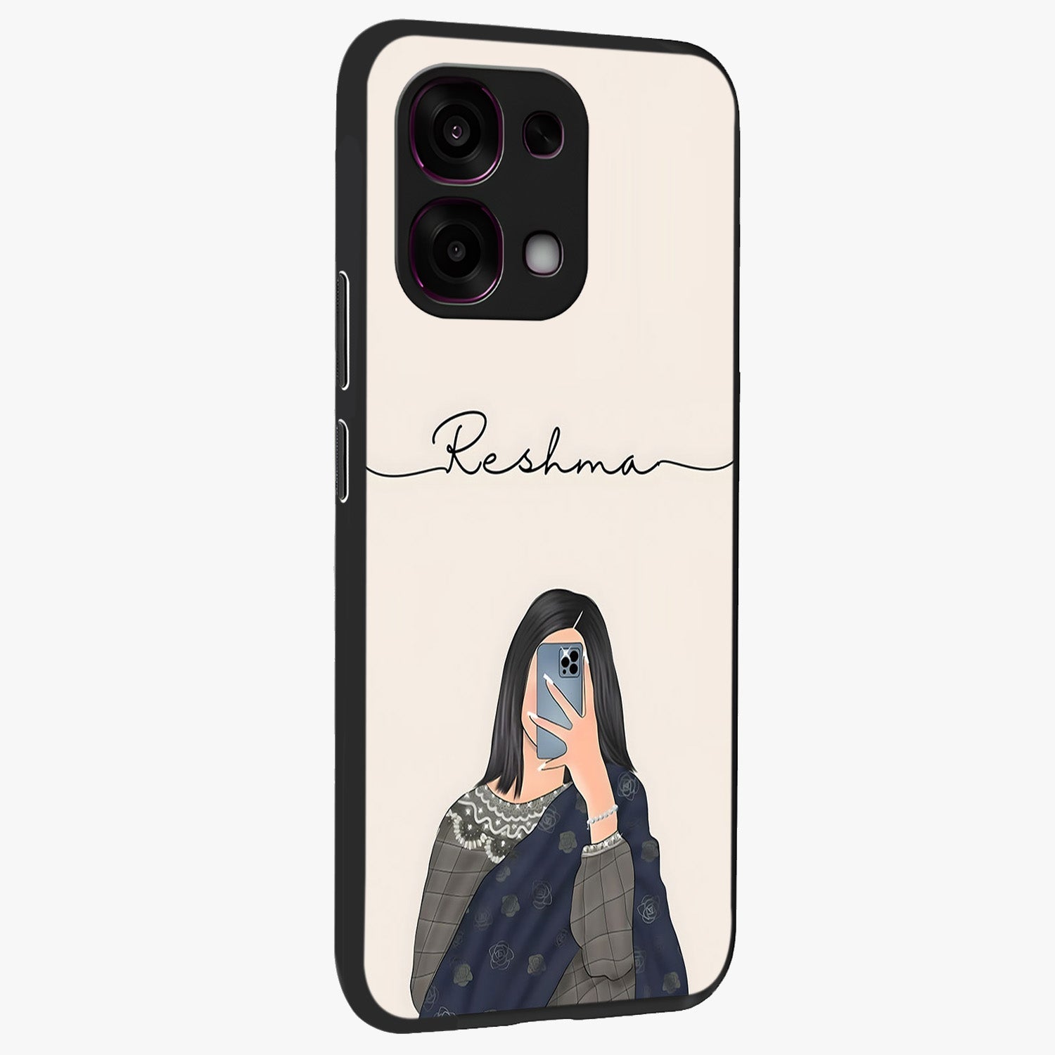 Mirror Mood Muse With Custom Name Glass Case upright view showcasing artistic mirror themed artwork with personalized aesthetic.
