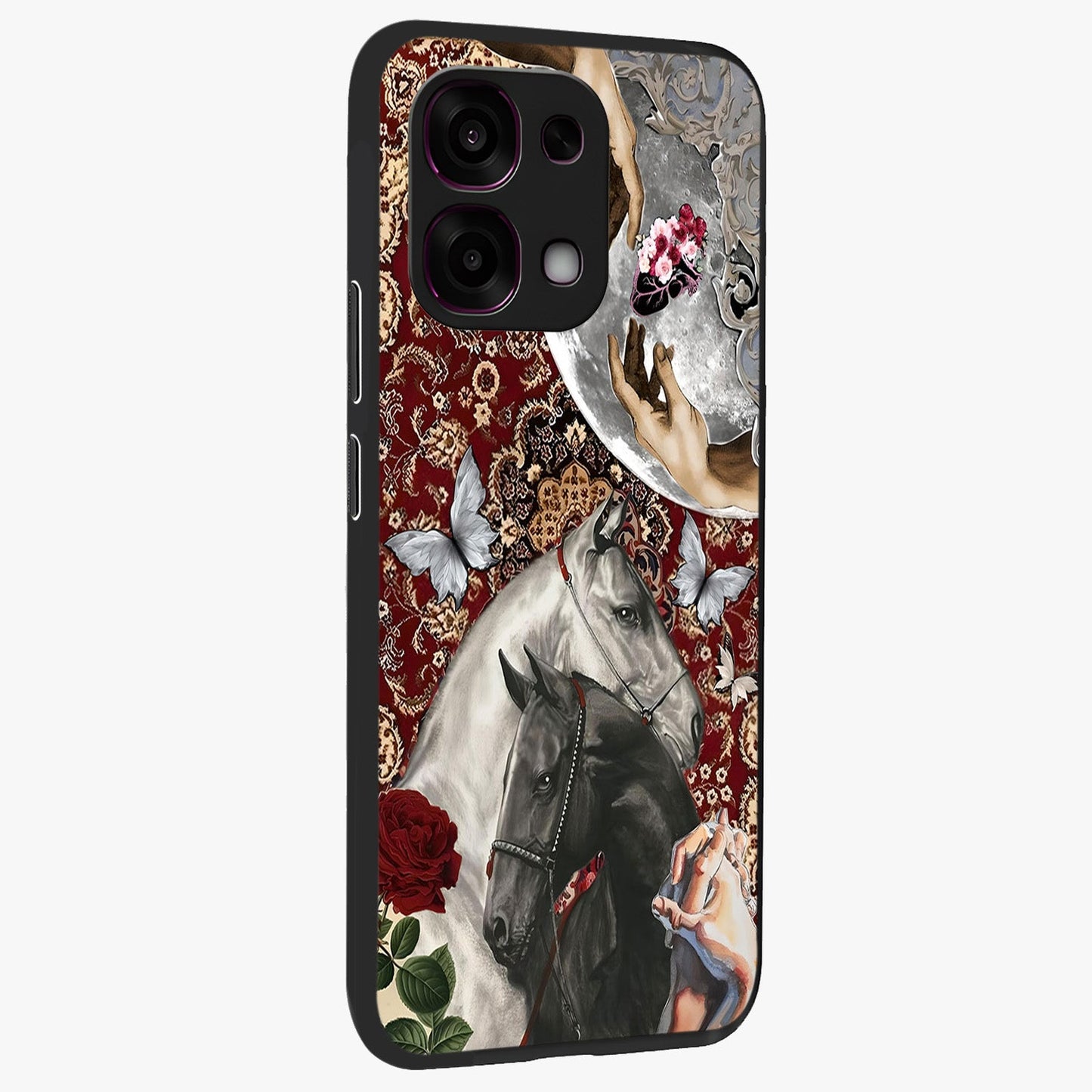 Moonlit Royal Stallion Glass Case upright view showcasing dramatic horse artwork with glowing moon themed design.