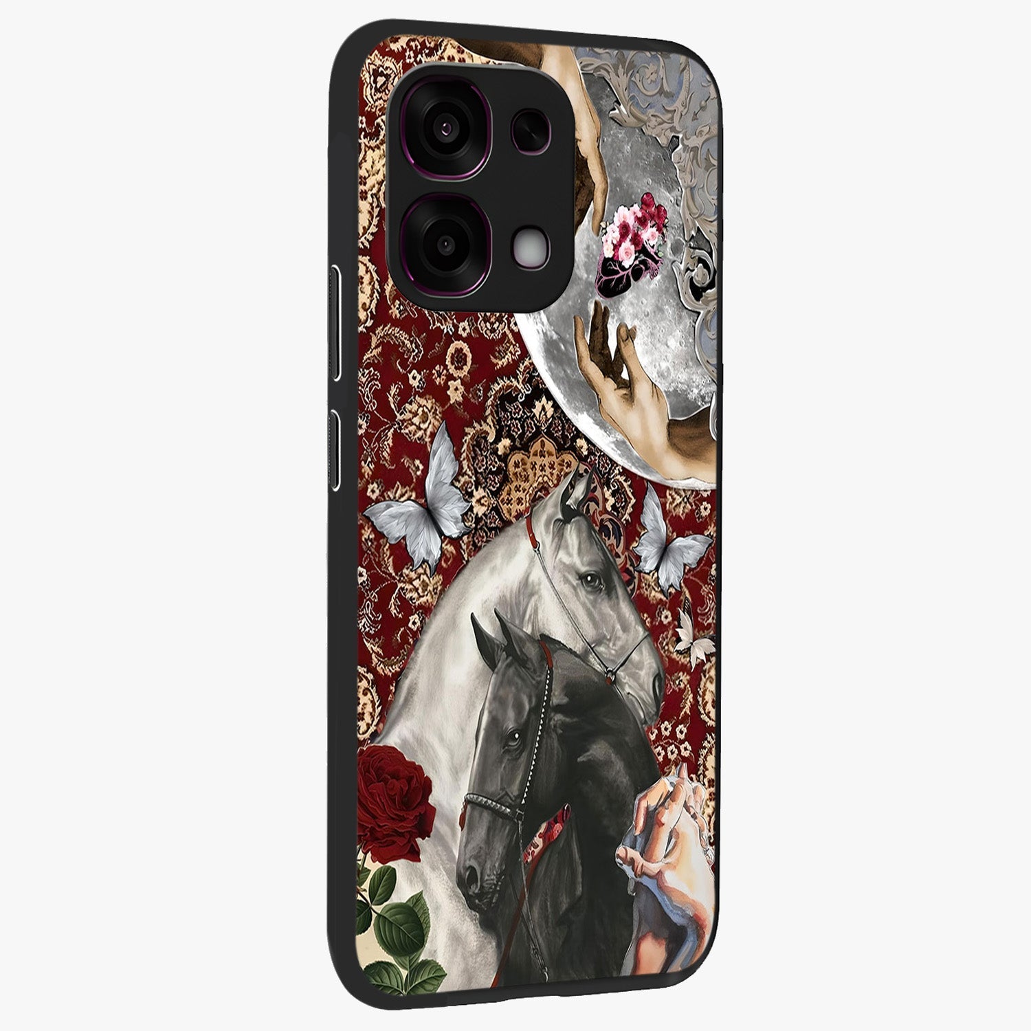 Moonlit Royal Stallion Glass Case upright view showcasing dramatic horse artwork with glowing moon themed design.