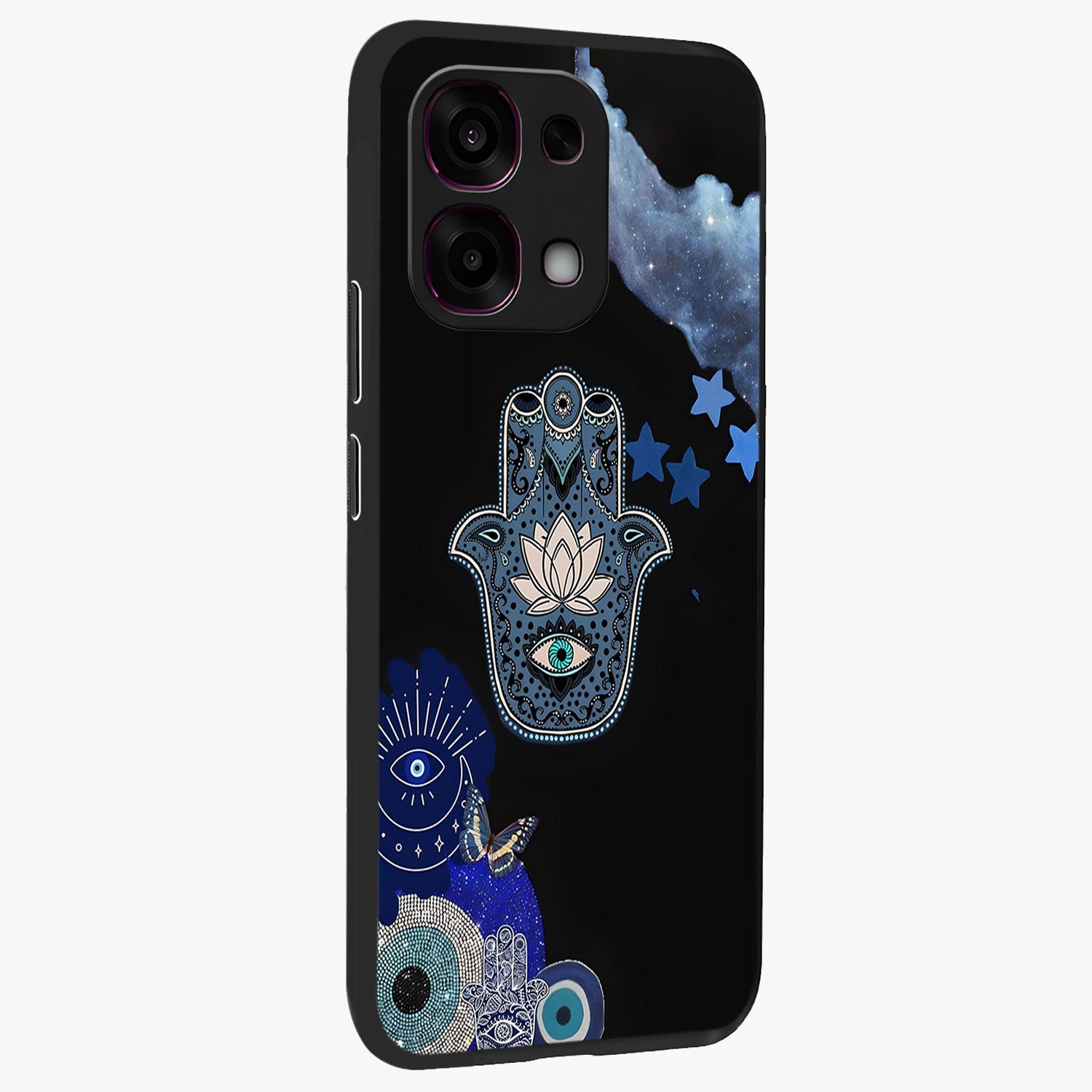 Mystic Hand Aura Glass Case upright view showcasing symbolic hand artwork with mystical energy theme.