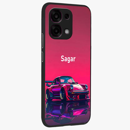 Neon Pink Porsche Glass Case upright view showcasing vibrant sports car artwork with bold automotive theme.
