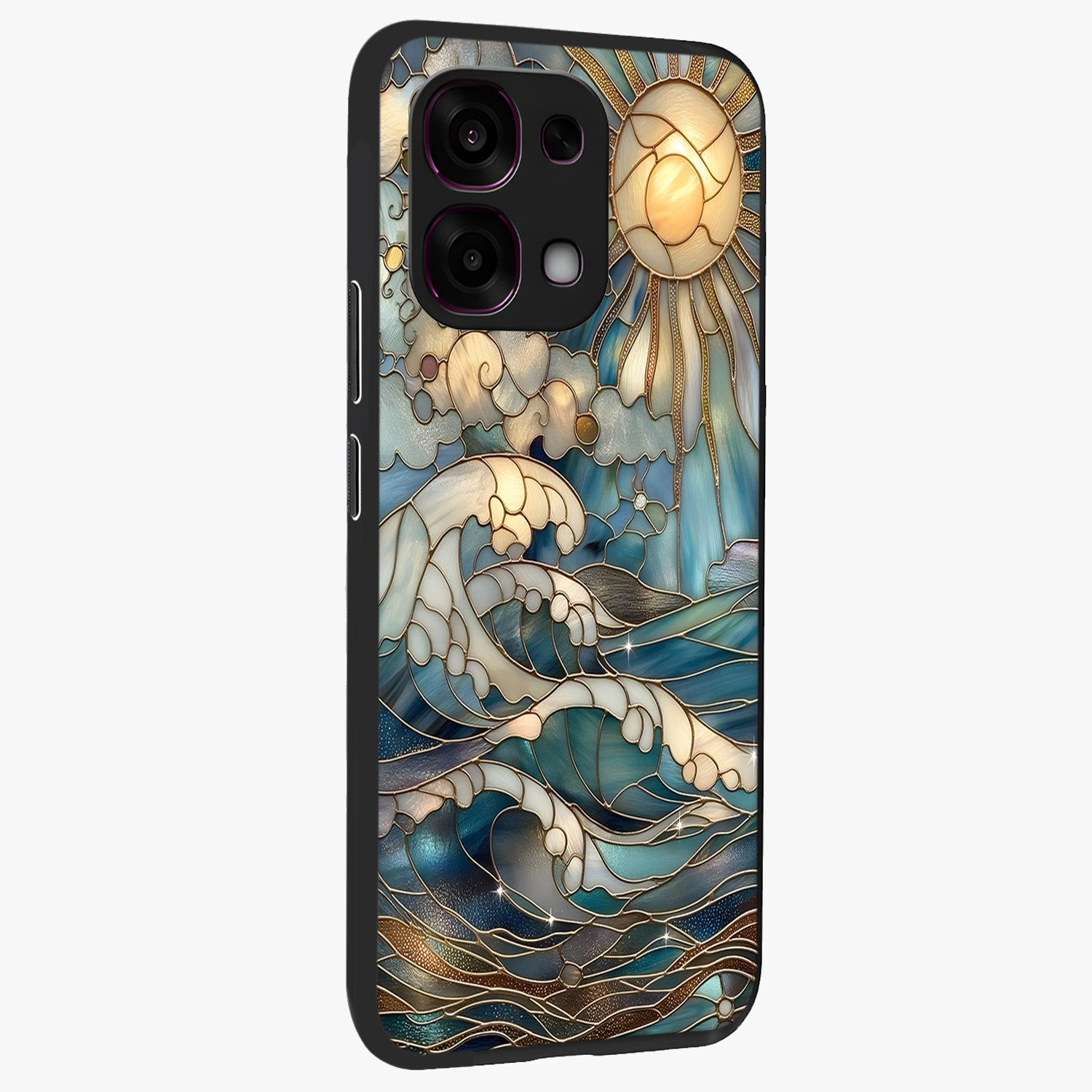 Oceanic Stained Printed Glass Case upright view showcasing decorative ocean pattern artwork with vibrant marine theme.