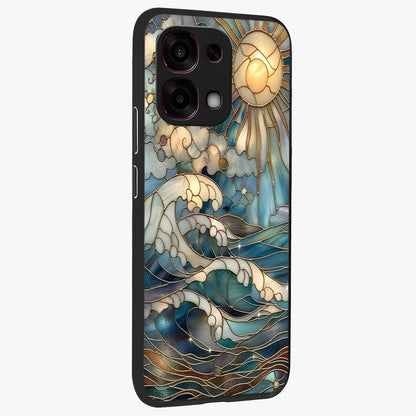 Oceanic Stained Printed Glass Case upright view showcasing decorative ocean pattern artwork with vibrant marine theme.