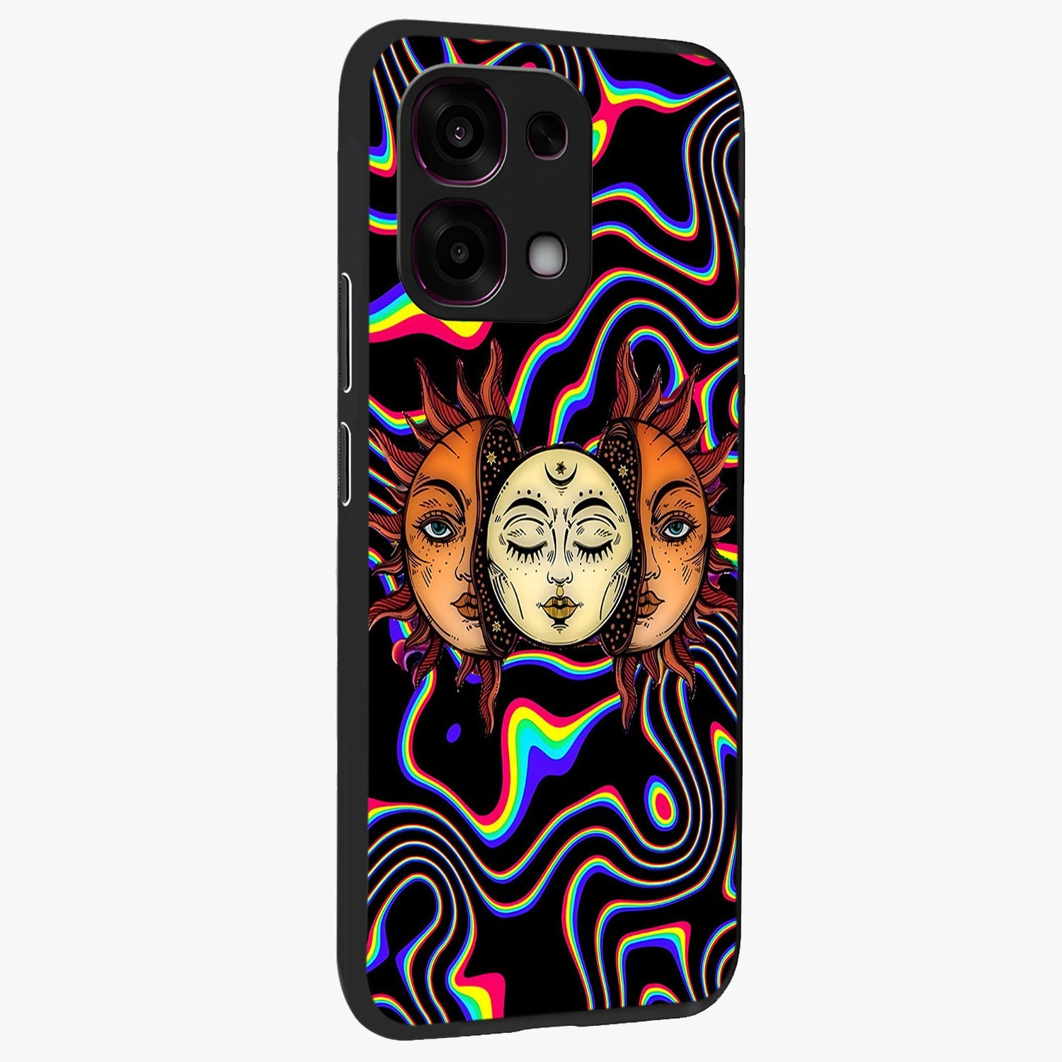 Psychedelic Sun Glass Case upright view showcasing trippy sun artwork with bold psychedelic theme.