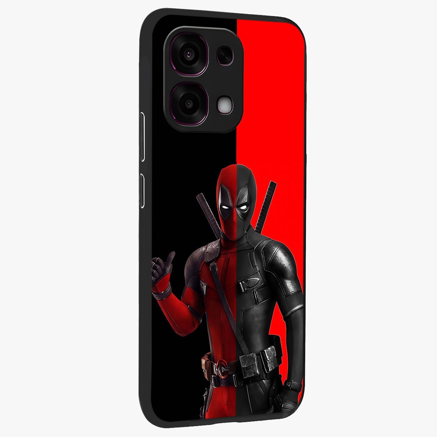 Red & Black Deadpool Theme Glass Case upright view showcasing energetic comic themed artwork with striking red and black design.