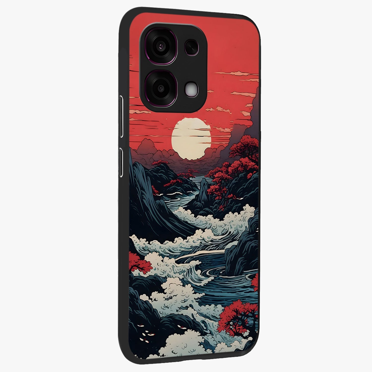 Red Sunset Scenery Glass Case upright view showcasing dramatic sunset scenery artwork with warm nature theme.