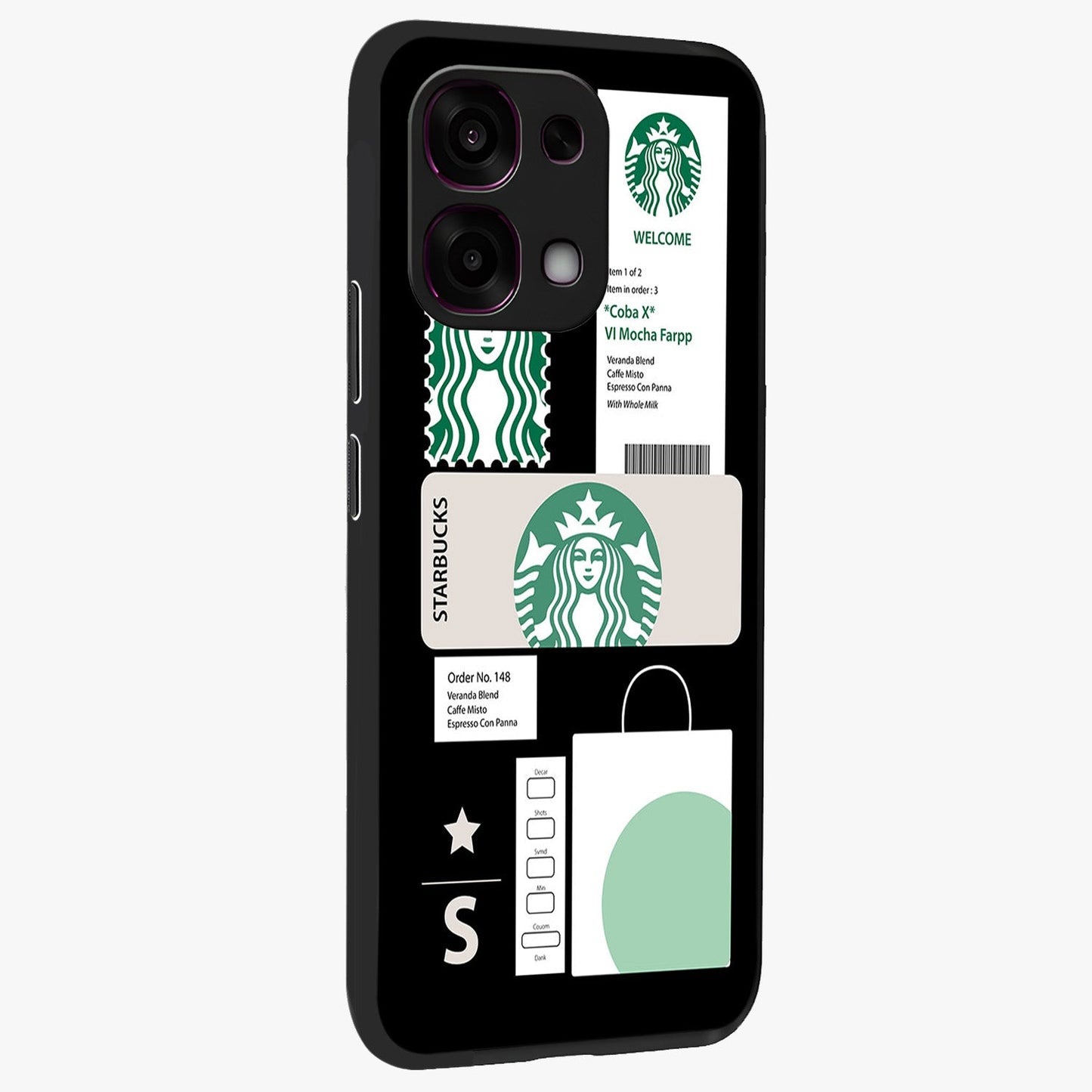 Starbucks Mocha Glass Case upright view showcasing trendy coffee inspired artwork with modern lifestyle theme.