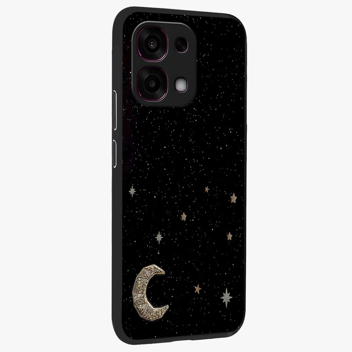 Twinkle Star With Half Moon Glass Case upright view showcasing glowing cosmic artwork with dreamy night theme.