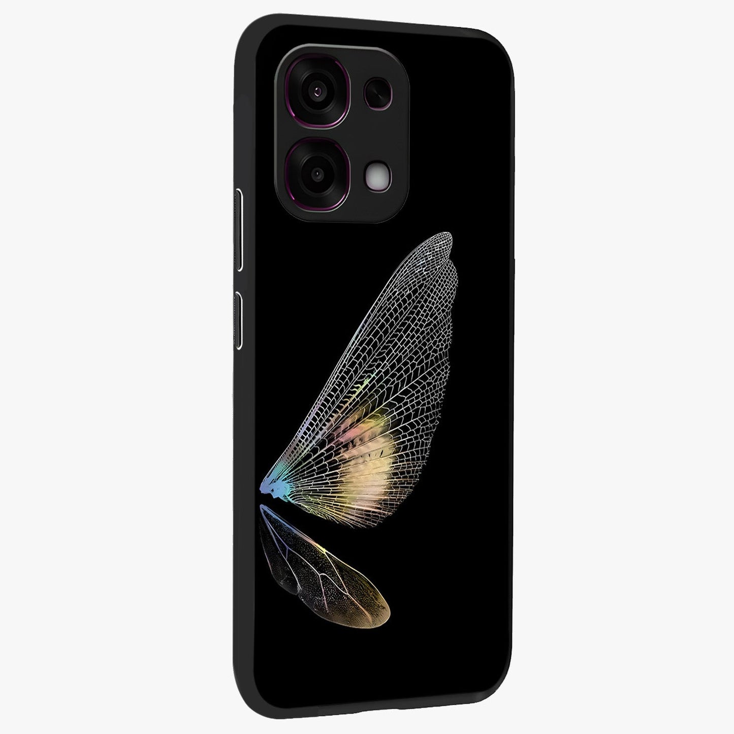 Whispers Of Wings Glass Case upright view showcasing elegant wing artwork with light airy theme.