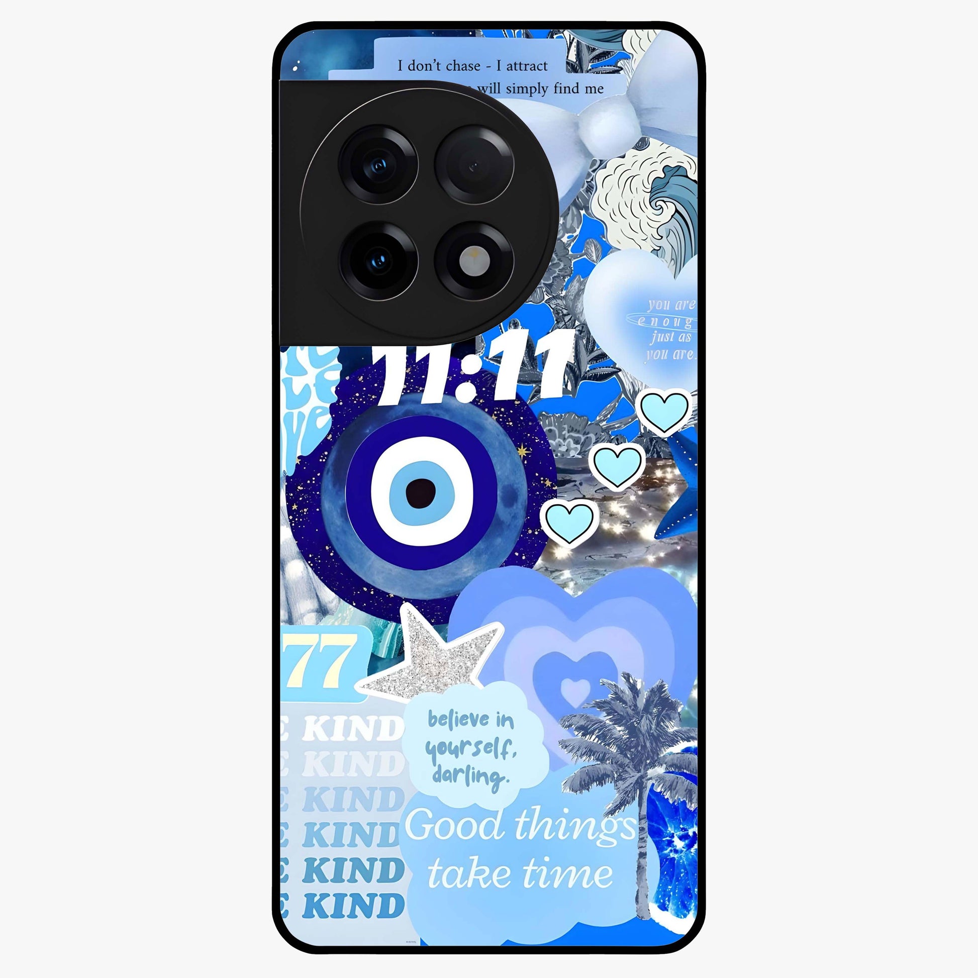Aesthetic Be Kind Eye Glass Case for 1+11R front view featuring minimal eye illustration with positive message