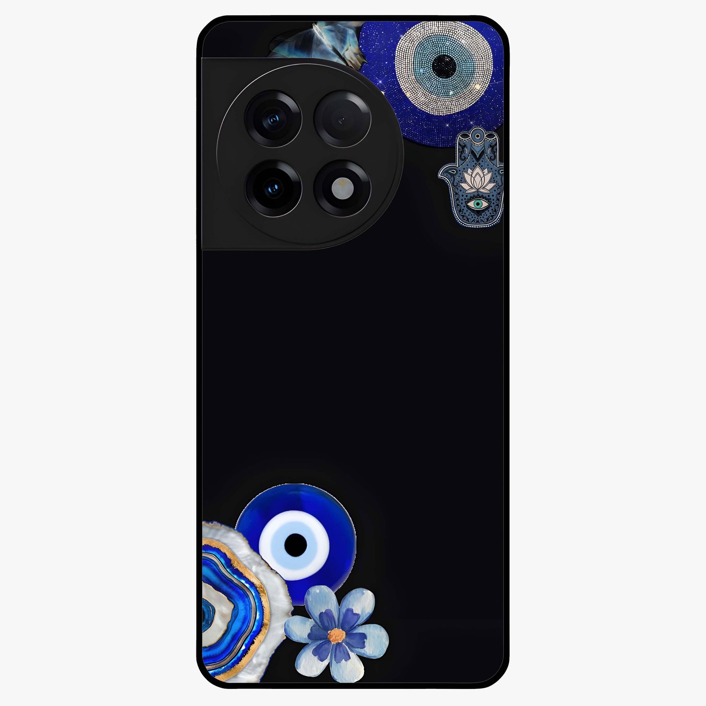 Aesthetic Blue Evil Eye Glass Case for 1+11R front view featuring vibrant traditional evil eye artwork
