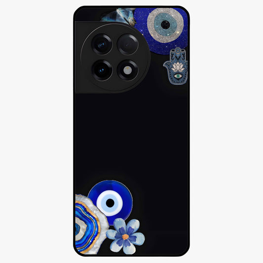 Aesthetic Blue Evil Eye Glass Case for 1+11R front view featuring vibrant traditional evil eye artwork