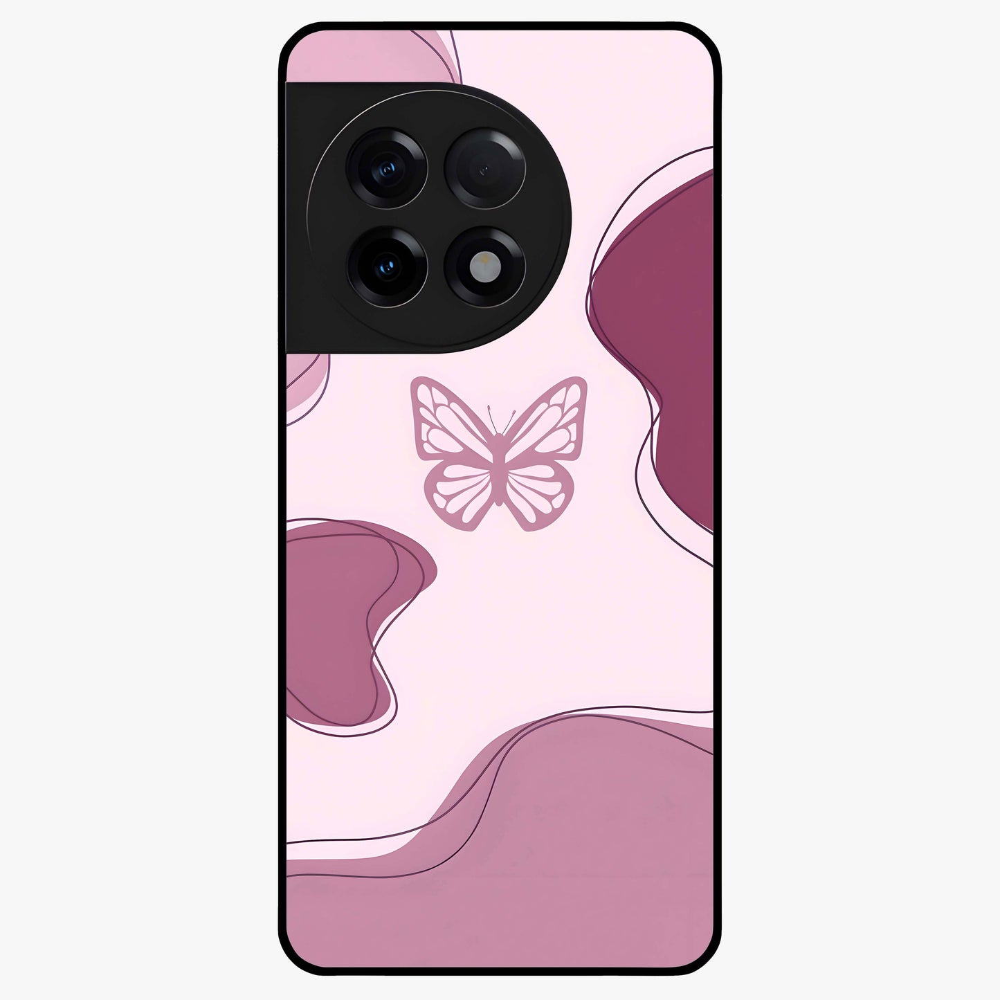 Aesthetic Pinkish Custom Name Butterfly Glass Case for 1+11R elegant front view featuring pink butterfly artwork with personalized name design