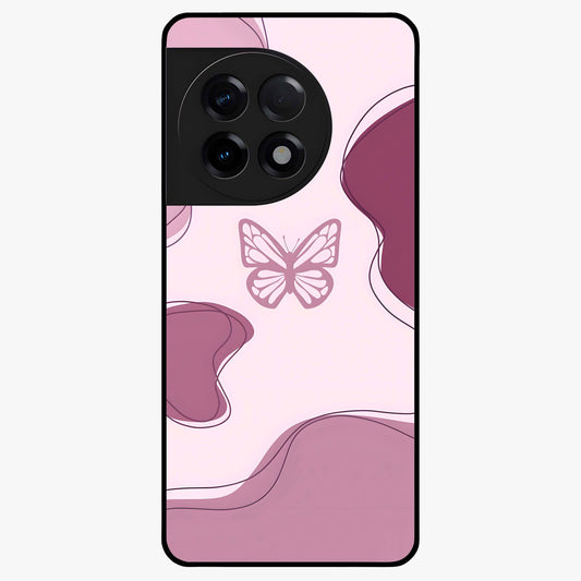 Aesthetic Pinkish Custom Name Butterfly Glass Case for 1+11R elegant front view featuring pink butterfly artwork with personalized name design