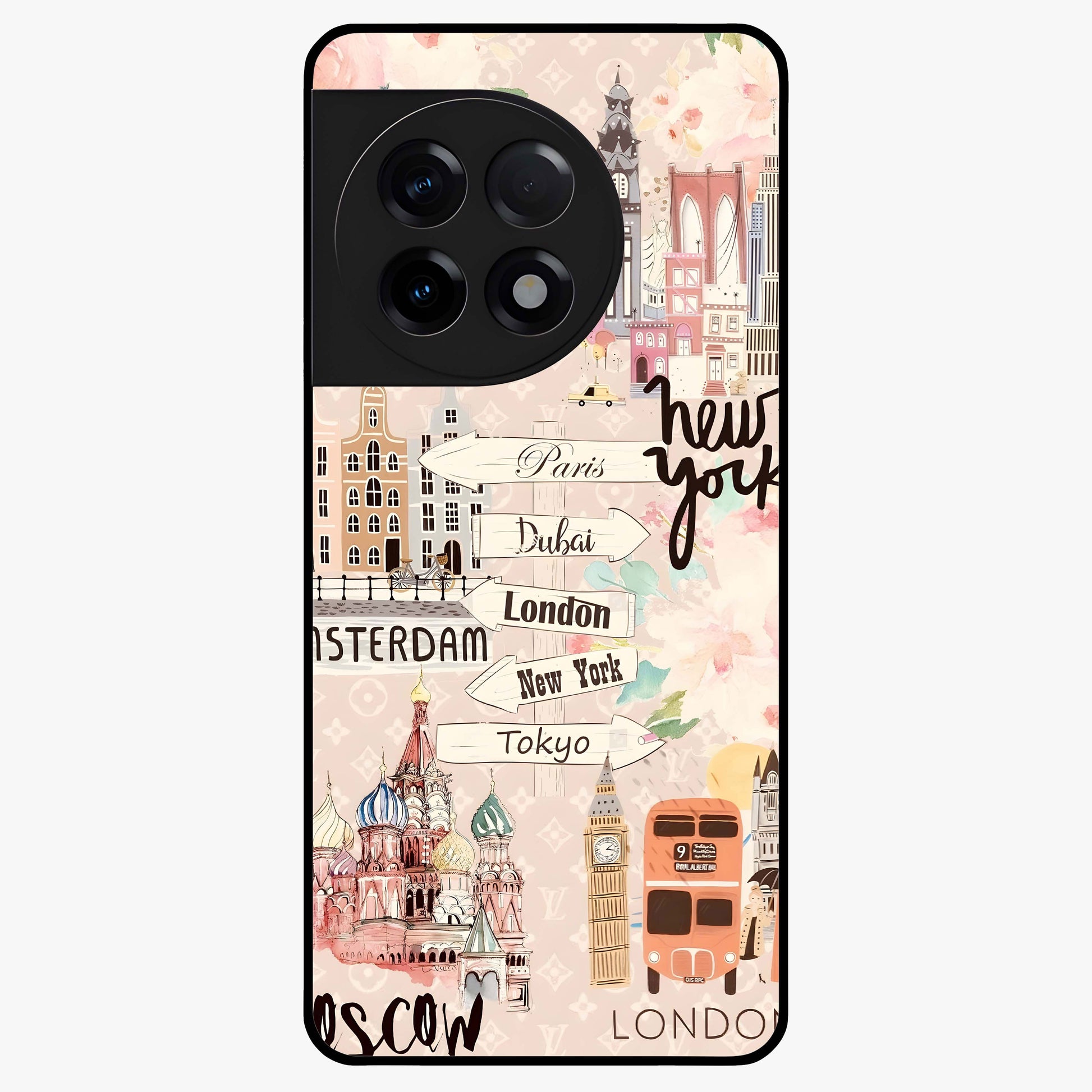 Aesthetic Travel Glass Case for 1+11R front view featuring wanderlust inspired travel artwork